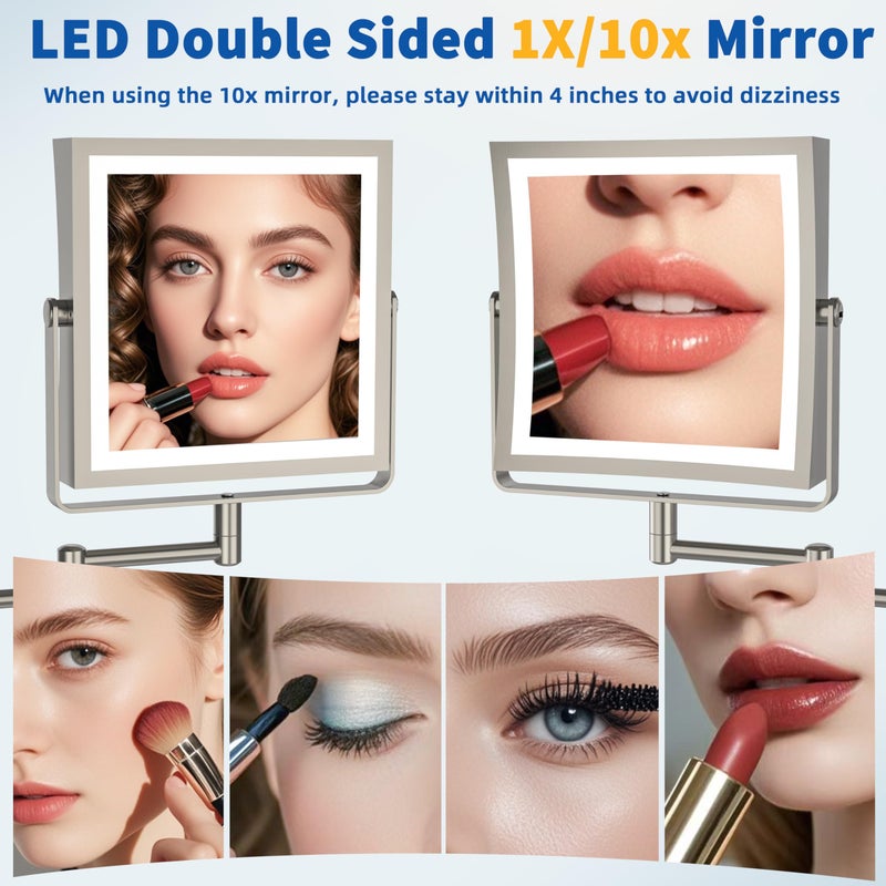 Ruacq Rechargeable Wall Mounted Makeup Mirror with Lights  Double Sided 1X/10X Magnifying Vanity Mirror with 3 Color Light  Touch Screen Dimmable  360 Rotation Extension Foldable Arm(Brushed Nickel) - Image 5